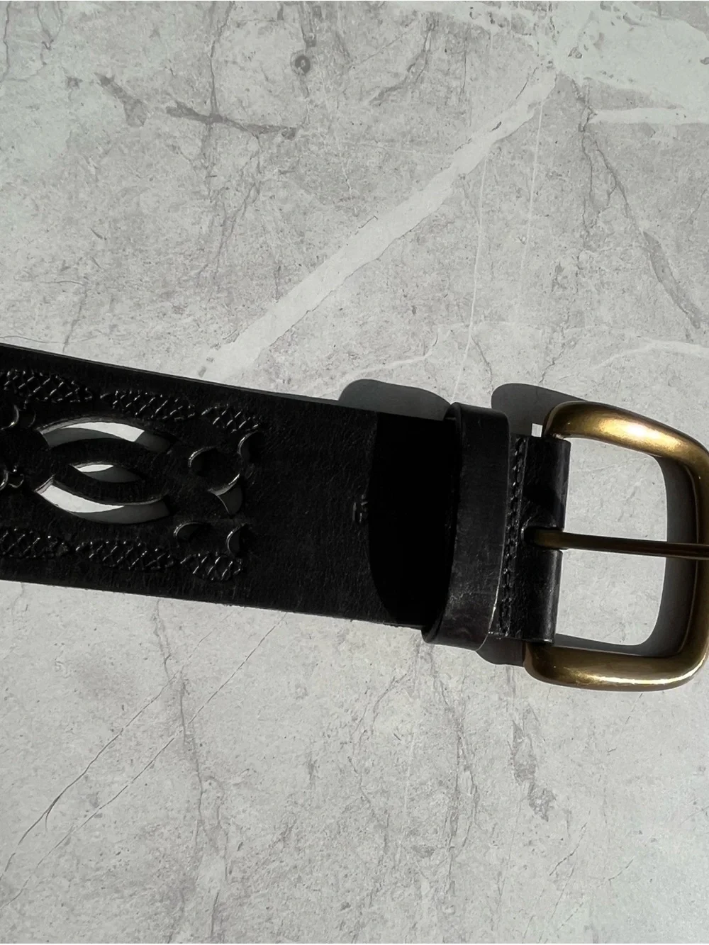Ralph Lauren Black Leather Laser-Cut Belt with Brass Buckle